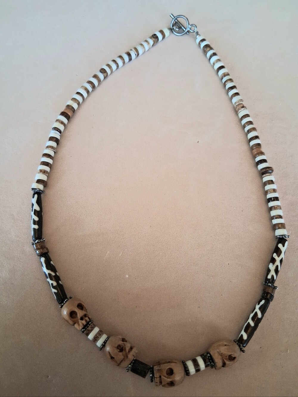 Unique Tribal Brown and White Wood Skull Bead Necklace